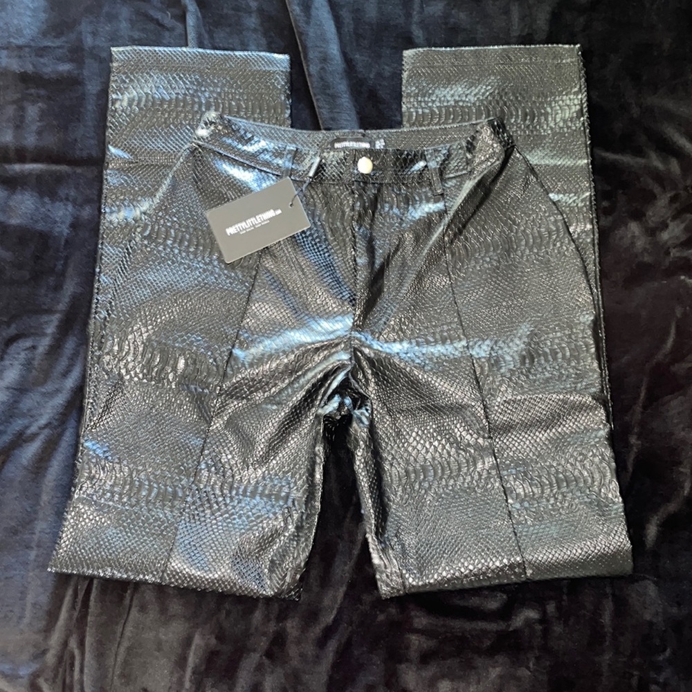 “Premium Black Faux Leather Croc Split Hem Trouser”